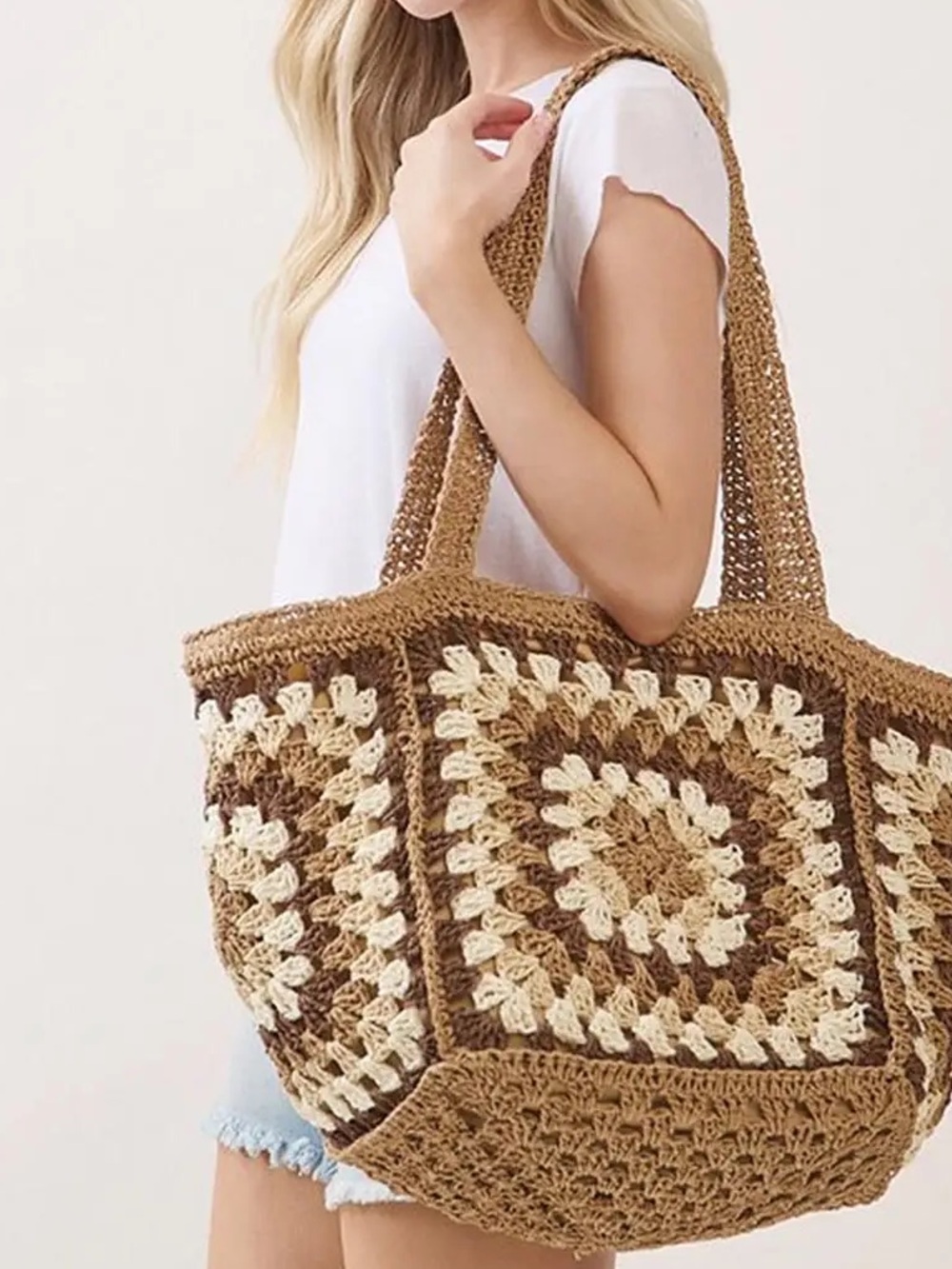 Styline Vintage Boho Crochet Granny Square Hobo Bag - Beige and Brown NWT